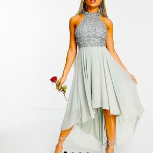 Beauut ASOS bridesmaid embellished dip hem midi dress sage green SZ 2